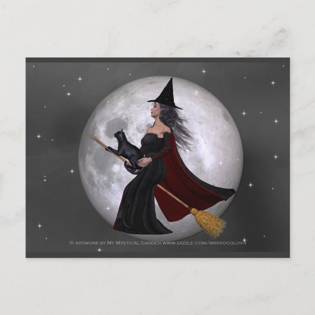 Night Ride : Witch & Her Cat Riding in the Night 2 Postcard (Front)