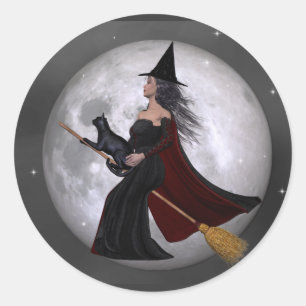 Night Ride :: Witch & Her Cat Riding in the Night Classic Round Sticker