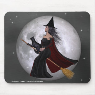 Night Ride :: Witch & Her Cat Riding in the Night Mouse Mat