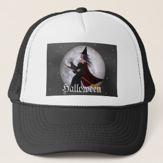 Night Ride :: Witch & Her Cat Riding in the Night Trucker Hat