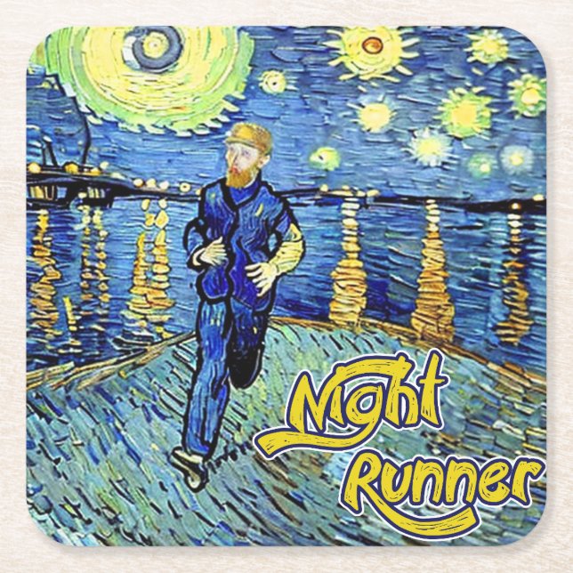Night Runner Starry Night Square Paper Coaster (Front)
