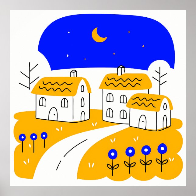 Night Scene of a Small Village Landscape Poster (Front)