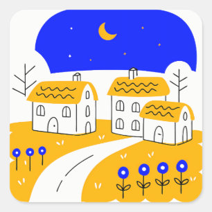 Night Scene of a Small Village Landscape Square Sticker