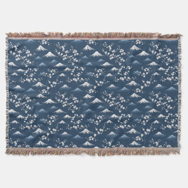 Night Scene With Mount Fuji And Cherry Blossom Throw Blanket (Front)