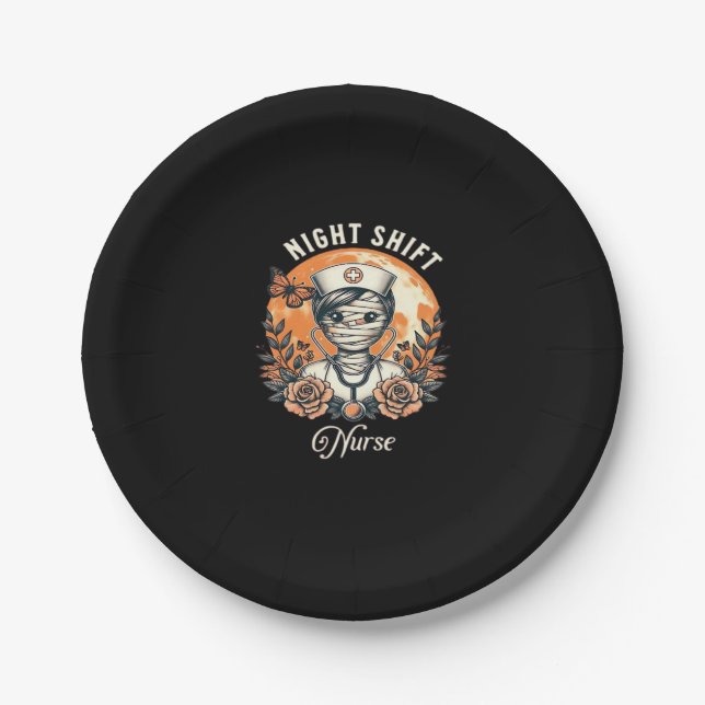Night Shift Nurse Mummy Halloween Healthcare Flora Paper Plate (Front)