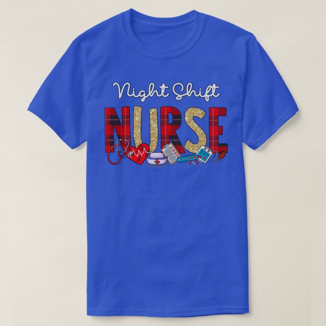 Night Shift Nurse Plaid Glitter Love Heart Stethos T-Shirt (Design Front)