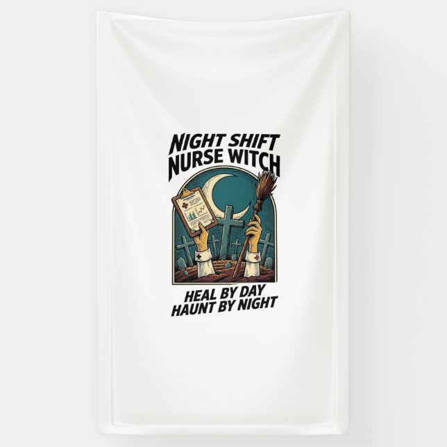 Night Shift Nurse Witch Retro Halloween Tee Banner (Vertical)