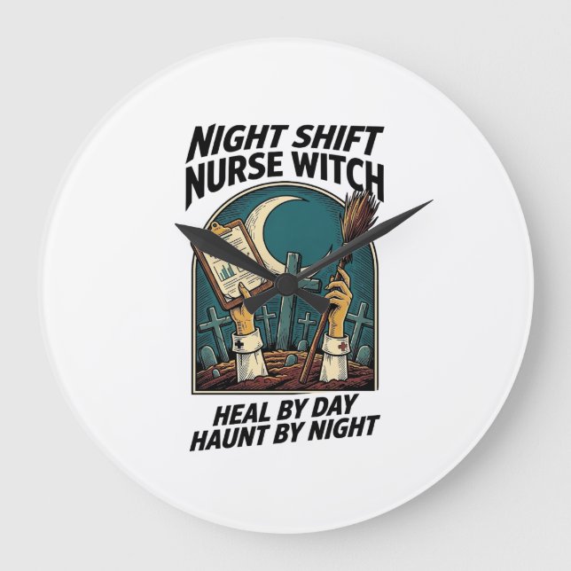 Night Shift Nurse Witch Retro Halloween Tee Large Clock (Front)