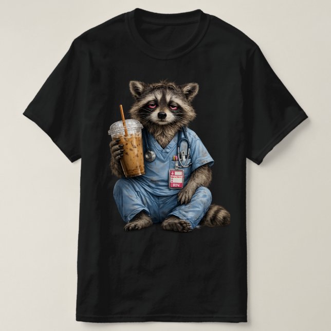 Night Shift Racoon Nurse , Funny RN Iced Coffee , T-Shirt (Design Front)