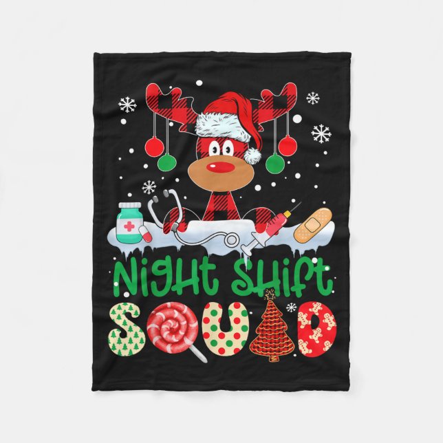 Night Shift Squad Nurse Reindeer Buffalo Red Plaid Fleece Blanket (Front)