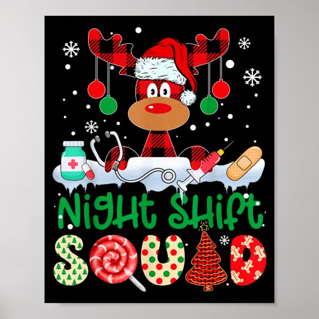 Night Shift Squad Nurse Reindeer Buffalo Red Plaid Poster (Front)