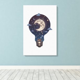 Night Sky and Cottage Inside a Lightbulb Canvas Print