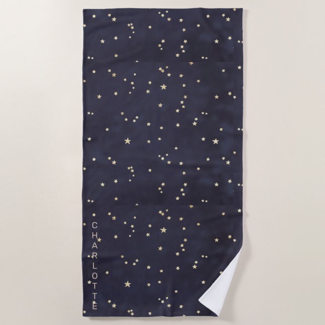 Night sky and gold stars minimalist monogram beach towel (Front)
