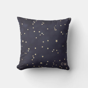 Night sky and gold stars minimalist monogram cushion