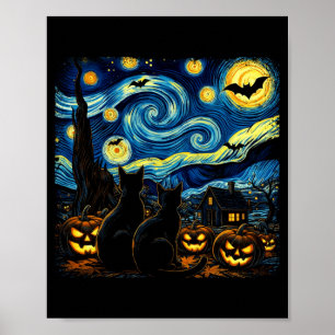 Night Sky Art Black Cat Lover Spooky Halloween Men Poster