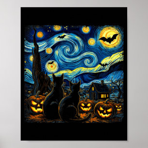Night Sky Art Black Cat Lover Spooky Halloween Men Poster
