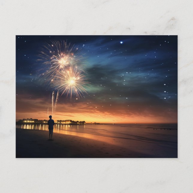 Night Sky Beach Fireworks Postcard (Front)