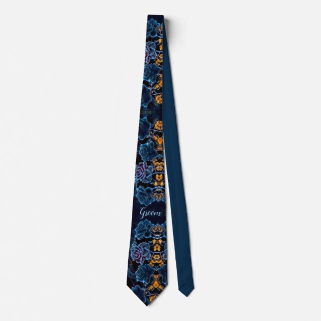 Night Sky Blue Rose Personalised Groom Wedding Tie (Front)