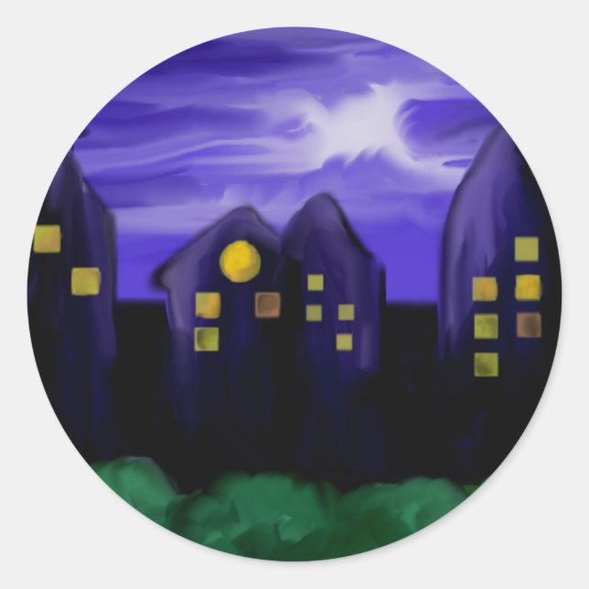 Night sky city skyscrapper canvas art classic round sticker (Front)