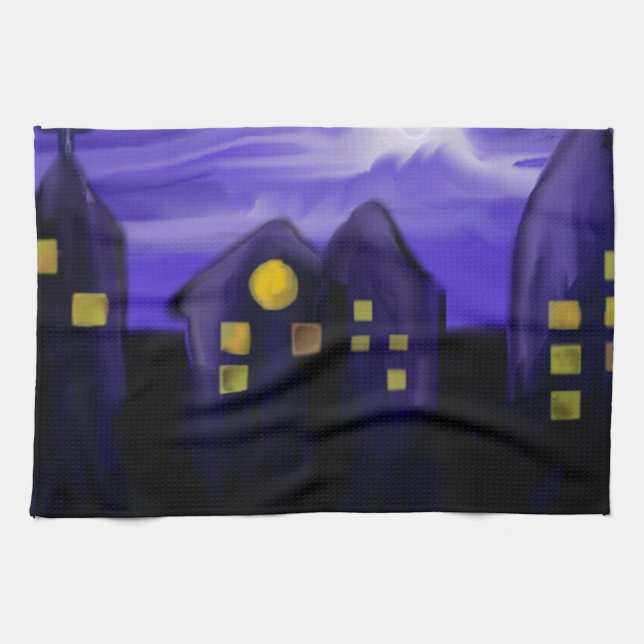 Night sky city skyscrapper canvas art tea towel (Horizontal)