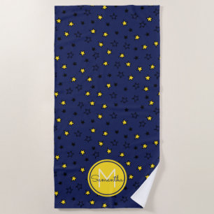 Night Sky Cute Stars on Navy Blue Pattern Monogram Beach Towel