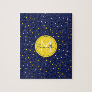 Night Sky Cute Stars on Navy Blue Pattern Monogram Jigsaw Puzzle
