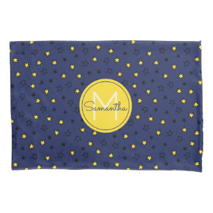 Night Sky Cute Stars on Navy Blue Pattern Monogram Pillowcase