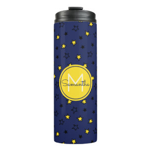 Night Sky Cute Stars on Navy Blue Pattern Monogram Thermal Tumbler