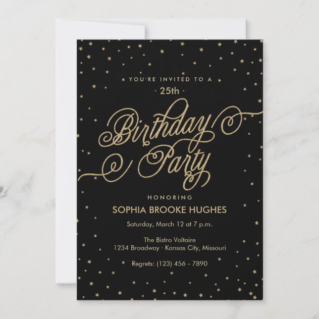 Night Sky Gold & Black Fancy Birthday Party Invite (Front)