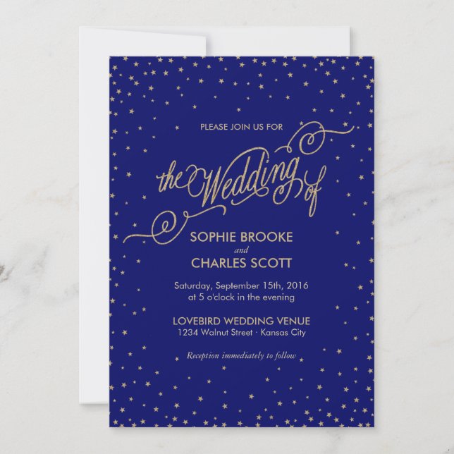 Night Sky Gold Stars Fancy Wedding Invitation (Front)
