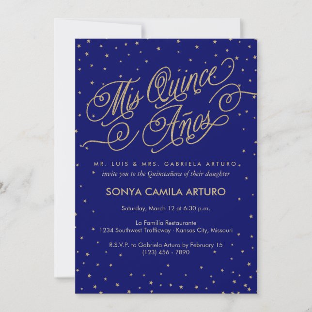 Night Sky Gold Stars & Navy Quinceañera Invitation (Front)