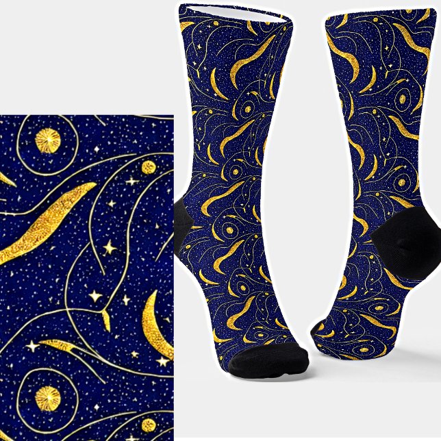Night Sky Metallic Gold Blue Celestial Shapes Socks (Creator Uploaded)