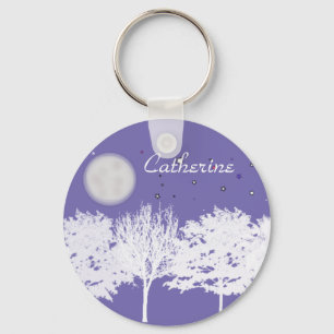 Night sky moon and stars trees silhouette art key ring