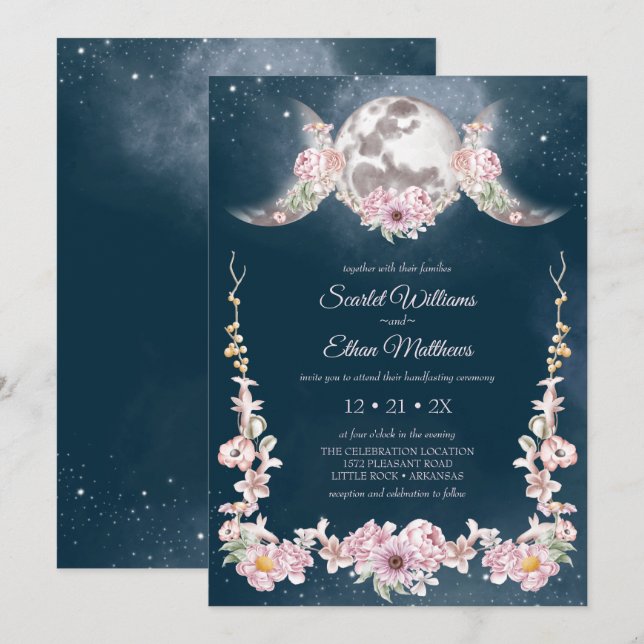 Night Sky Moon Phases Pink & Blue Handfasting Invi Invitation (Front/Back)