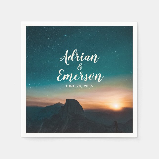 Night Sky Mountain Galaxy Sunrise Modern Wedding  Napkin (Front)