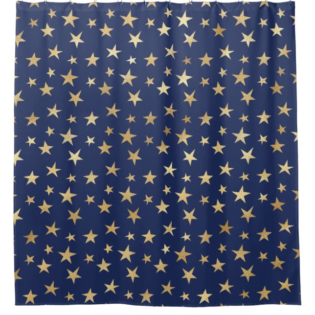 Night Sky Navy and Gold Stars Shower Curtain (Front)