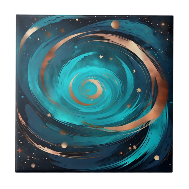 Night Sky Nebula Turquoise And Copper Metallic Tile (Front)