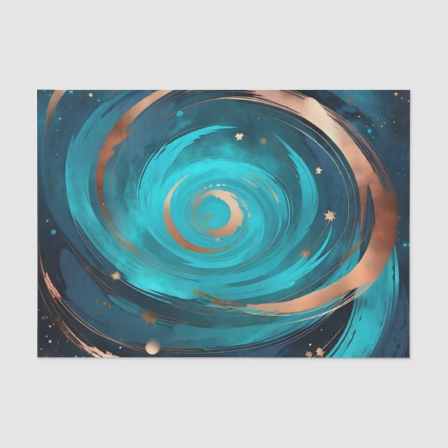 Night Sky Nebula Turquoise And Copper Metallic Tissue Paper (Front)