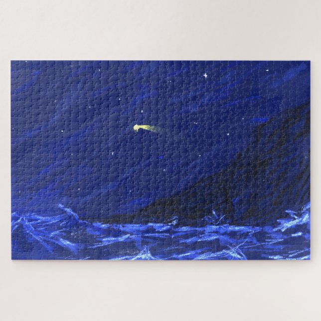 Night Sky Ocean Cliff Shooting Star Canvas Jigsaw Puzzle (Horizontal)