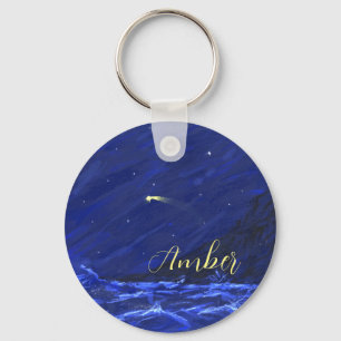 Night Sky Ocean Cliff Shooting Star Canvas Key Ring