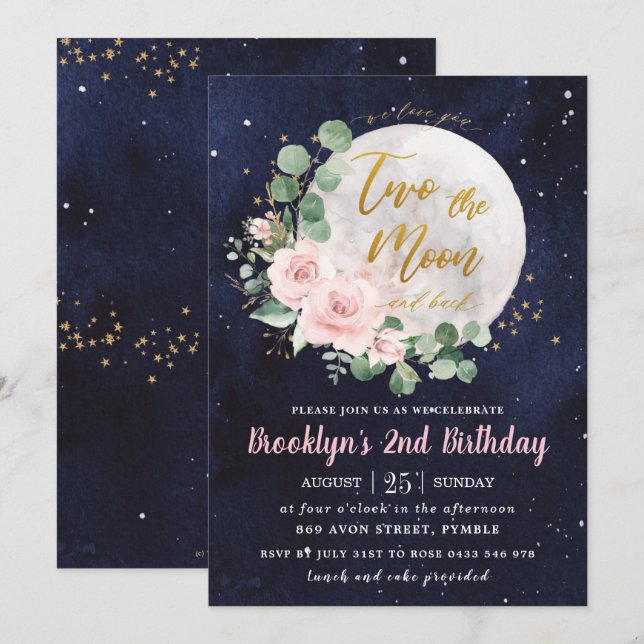 Night Sky Pink Floral Two the Moon 2nd Birthday  Invitation (Front/Back)