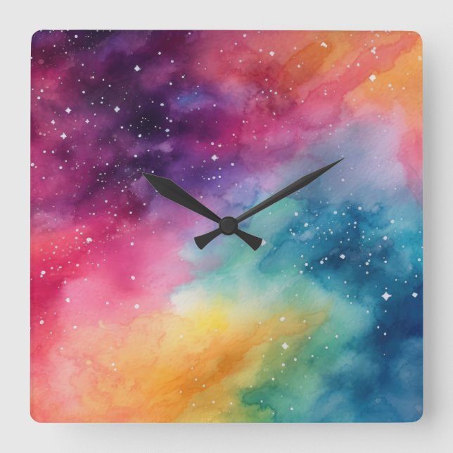 Night Sky Rainbow Watercolour Abstract Art Square Wall Clock (Front)
