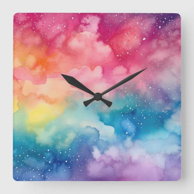 Night Sky Rainbow Watercolour Abstract Art Square Wall Clock (Front)