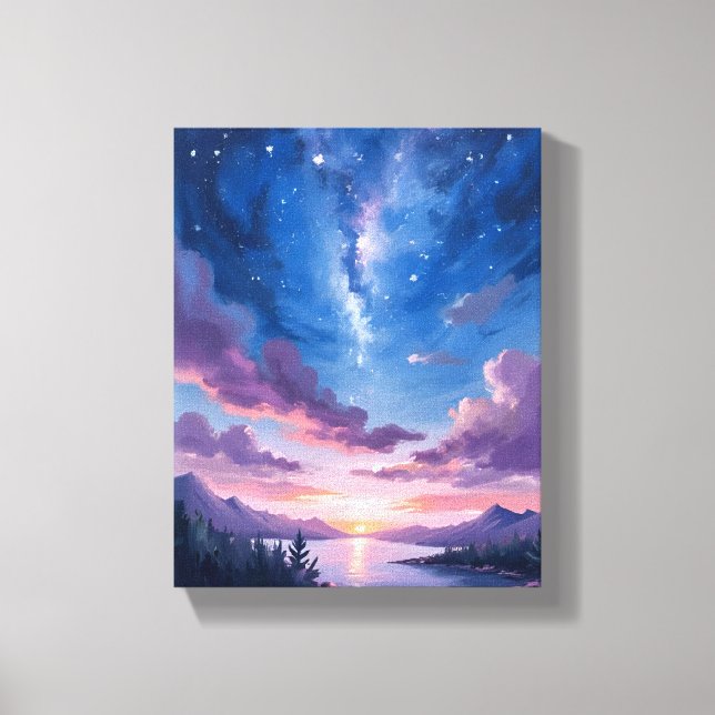 Night Sky | Starry Lake Purple Watercolor Canvas Print (Front)