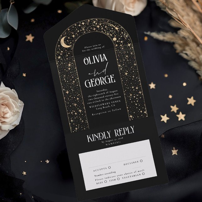 Night Sky Stars Celestial Arch Black Wedding All In One Invitation (All in One Black Celestial Arch Wedding Invitations and RSVPs)