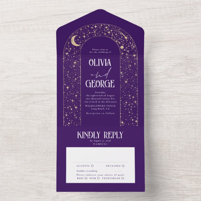 Night Sky Stars Celestial Arch Purple Wedding All In One Invitation (Inside)