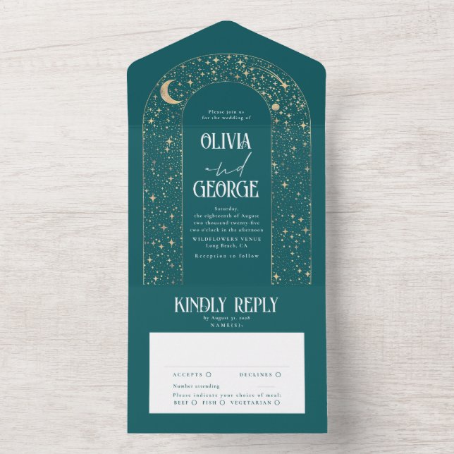 Night Sky Stars Celestial Arch Teal Wedding All In One Invitation (Inside)
