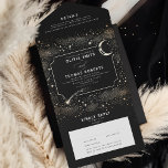 Night Sky Stars Celestial Mystical Black Wedding All In One Invitation<br><div class="desc">This romantic black and gold all-in-one wedding invitation features a breathtaking starry night sky design and beautifully showcases how romantic your wedding will be. It combines the wedding invitation itself with a detachable RSVP card for guests to return, and a details section with your wedding website address. You can also...</div>