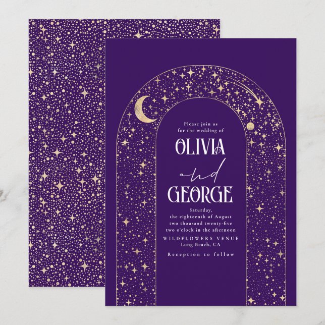 Night Sky Stars Celestial Romantic Purple Wedding Invitation (Front/Back)