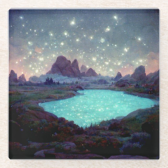 Night Sky Stars Fantasy Landscape Glass Coaster (Front)